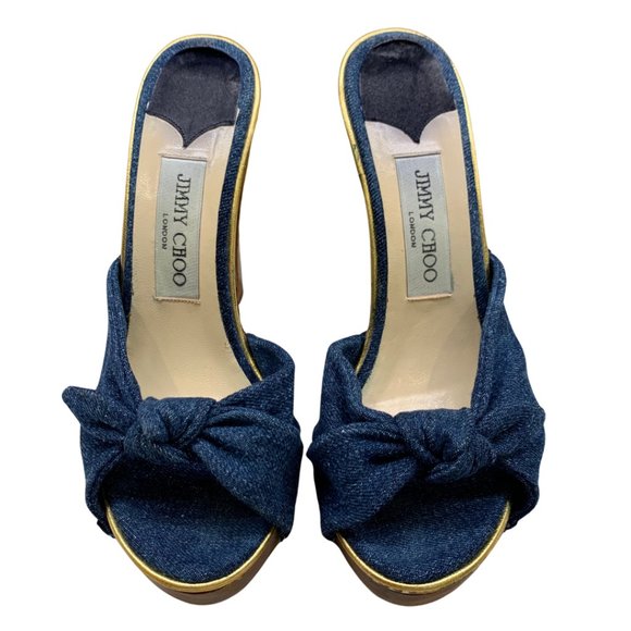 Jimmy Choo Shoes - Jimmy Choo Denim Entice Open Toe Mules Wood Platform Heels Size 37